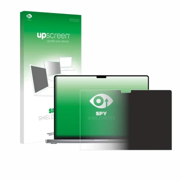 Parte frontal de un envase de producto con el logotipo de la marca upscreen. Al lado se muestra el dispositivo Apple MacBook P