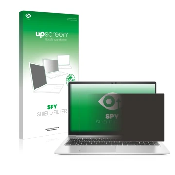 Parte frontal de un envase de producto con el logotipo de la marca upscreen. Al lado se muestra el dispositivo HP EliteBook 65