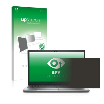 Parte frontal de un envase de producto con el logotipo de la marca upscreen. Al lado se muestra el dispositivo Dell Latitude 5