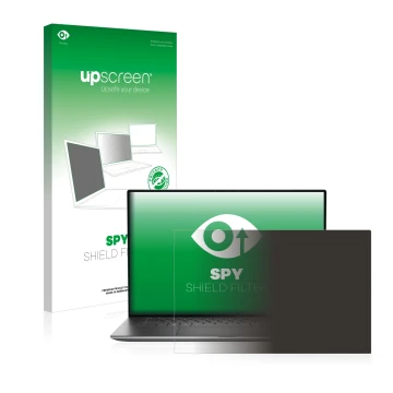 Parte frontal de un envase de producto con el logotipo de la marca upscreen. Al lado se muestra el dispositivo Dell Precision 