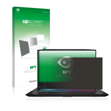 Parte frontal de un envase de producto con el logotipo de la marca upscreen. Al lado se muestra el dispositivo MSI Katana 17 B