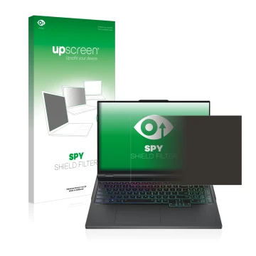 Parte frontal de un envase de producto con el logotipo de la marca upscreen. Al lado se muestra el dispositivo Lenovo Legion P