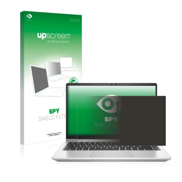 Parte frontal de un envase de producto con el logotipo de la marca upscreen. Al lado se muestra el dispositivo HP ProBook 445 