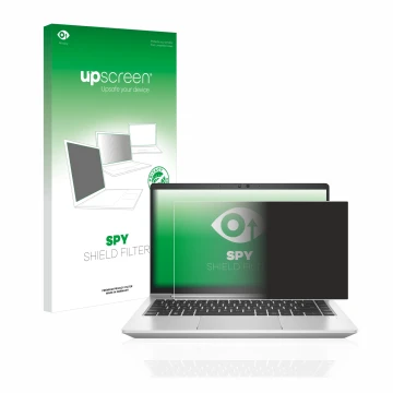 Parte frontal de un envase de producto con el logotipo de la marca upscreen. Al lado se muestra el dispositivo HP EliteBook 64