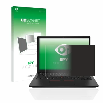 Parte frontal de un envase de producto con el logotipo de la marca upscreen. Al lado se muestra el dispositivo Lenovo ThinkPad