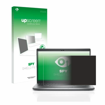 Parte frontal de un envase de producto con el logotipo de la marca upscreen. Al lado se muestra el dispositivo Dell Latitude 5