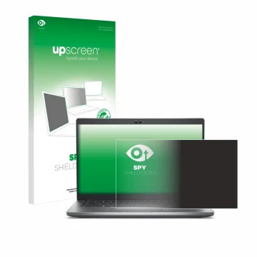 Parte frontal de un envase de producto con el logotipo de la marca upscreen. Al lado se muestra el dispositivo Dell Latitude 5