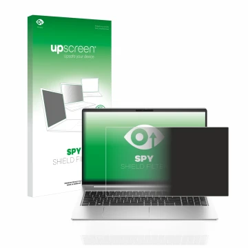 Parte frontal de un envase de producto con el logotipo de la marca upscreen. Al lado se muestra el dispositivo HP ProBook 450 