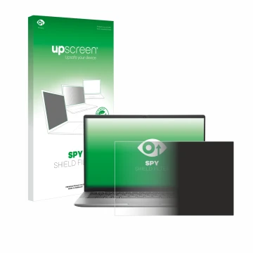 Parte frontal de un envase de producto con el logotipo de la marca upscreen. Al lado se muestra el dispositivo Dell Latitude 7