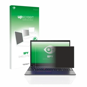 Parte frontal de un envase de producto con el logotipo de la marca upscreen. Al lado se muestra el dispositivo Lenovo ThinkPad
