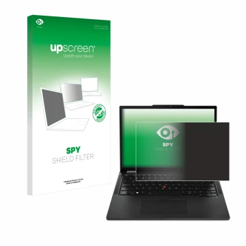 Parte frontal de un envase de producto con el logotipo de la marca upscreen. Al lado se muestra el dispositivo Lenovo ThinkPad