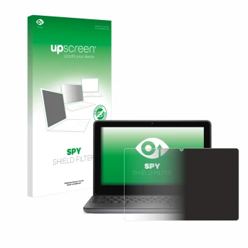 Parte frontal de un envase de producto con el logotipo de la marca upscreen. Al lado se muestra el dispositivo Dell Latitude 3