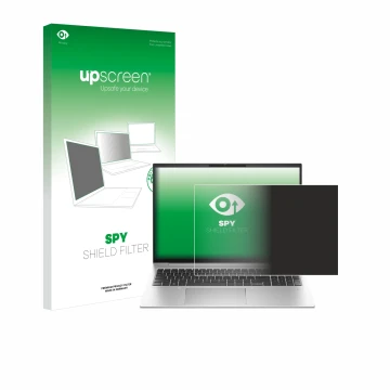 Parte frontal de un envase de producto con el logotipo de la marca upscreen. Al lado se muestra el dispositivo HP EliteBook 86