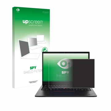 Parte frontal de un envase de producto con el logotipo de la marca upscreen. Al lado se muestra el dispositivo Lenovo ThinkPad