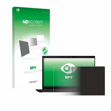 Parte frontal de un envase de producto con el logotipo de la marca upscreen. Al lado se muestra el dispositivo Lenovo ThinkPad