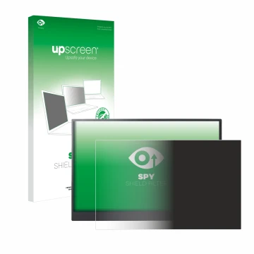 Parte frontal de un envase de producto con el logotipo de la marca upscreen. Al lado se muestra el dispositivo LG gram +view 1