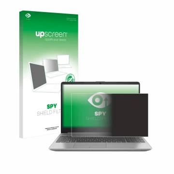Parte frontal de un envase de producto con el logotipo de la marca upscreen. Al lado se muestra el dispositivo HP 250 G9 con s