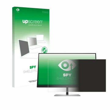 Parte frontal de un envase de producto con el logotipo de la marca upscreen. Al lado se muestra el dispositivo HP E27q G5 con 