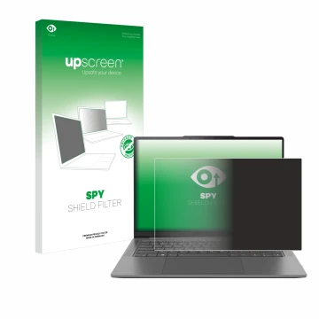 Parte frontal de un envase de producto con el logotipo de la marca upscreen. Al lado se muestra el dispositivo Lenovo Yoga Pro