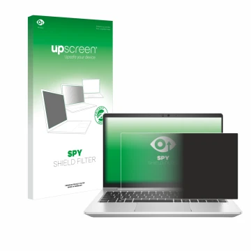 Parte frontal de un envase de producto con el logotipo de la marca upscreen. Al lado se muestra el dispositivo HP EliteBook 64