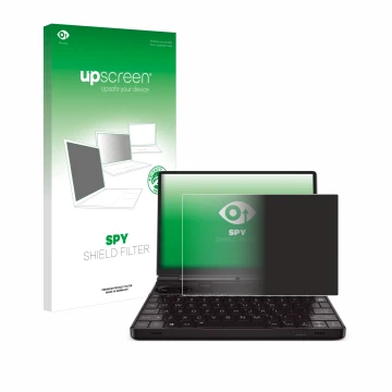 Parte frontal de un envase de producto con el logotipo de la marca upscreen. Al lado se muestra el dispositivo GPD Win Max 2 2