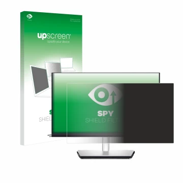 Parte frontal de un envase de producto con el logotipo de la marca upscreen. Al lado se muestra el dispositivo Dell P2424HT co