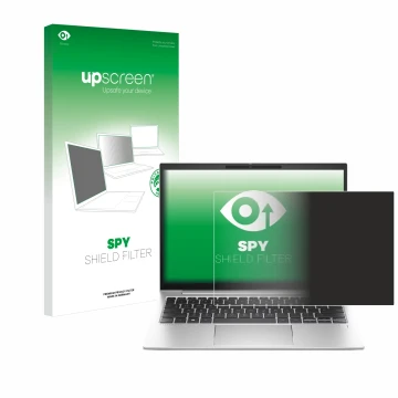 Parte frontal de un envase de producto con el logotipo de la marca upscreen. Al lado se muestra el dispositivo HP EliteBook 83