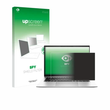 Parte frontal de un envase de producto con el logotipo de la marca upscreen. Al lado se muestra el dispositivo HP EliteBook 84