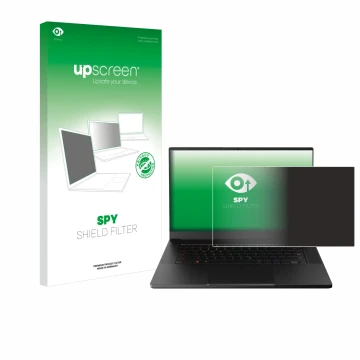 Parte frontal de un envase de producto con el logotipo de la marca upscreen. Al lado se muestra el dispositivo Razer Blade 15 