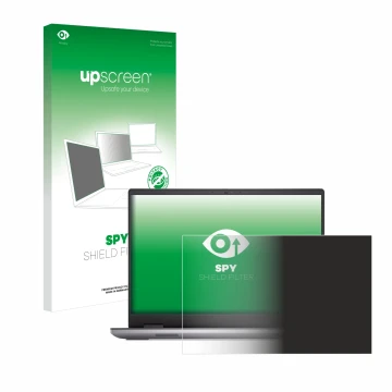 Parte frontal de un envase de producto con el logotipo de la marca upscreen. Al lado se muestra el dispositivo Dell Precision 