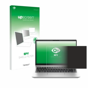 Parte frontal de un envase de producto con el logotipo de la marca upscreen. Al lado se muestra el dispositivo HP ProBook 445 