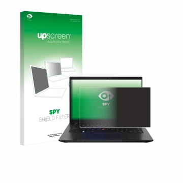 Parte frontal de un envase de producto con el logotipo de la marca upscreen. Al lado se muestra el dispositivo Lenovo ThinkPad