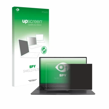 Parte frontal de un envase de producto con el logotipo de la marca upscreen. Al lado se muestra el dispositivo ASUS Vivobook 1