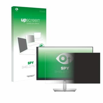 Parte frontal de un envase de producto con el logotipo de la marca upscreen. Al lado se muestra el dispositivo Dell P2722H con
