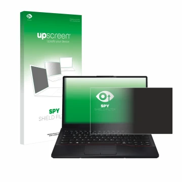 Parte frontal de un envase de producto con el logotipo de la marca upscreen. Al lado se muestra el dispositivo Fujitsu Lifeboo