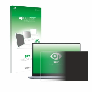 Parte frontal de un envase de producto con el logotipo de la marca upscreen. Al lado se muestra el dispositivo Dell Inspiron 1