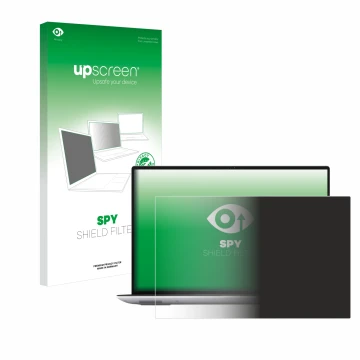 Parte frontal de un envase de producto con el logotipo de la marca upscreen. Al lado se muestra el dispositivo Dell Precision 