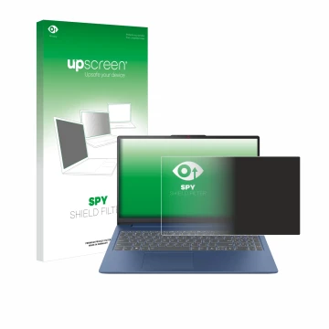 Parte frontal de un envase de producto con el logotipo de la marca upscreen. Al lado se muestra el dispositivo Lenovo IdeaPad 