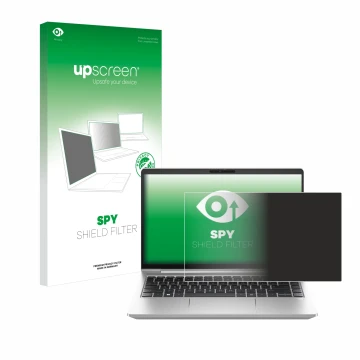 Parte frontal de un envase de producto con el logotipo de la marca upscreen. Al lado se muestra el dispositivo HP ProBook 440 