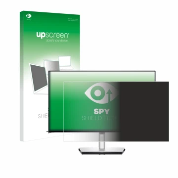 Parte frontal de un envase de producto con el logotipo de la marca upscreen. Al lado se muestra el dispositivo Dell U2724DE co