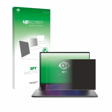 Parte frontal de un envase de producto con el logotipo de la marca upscreen. Al lado se muestra el dispositivo Acer Swift Go 1