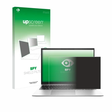 Parte frontal de un envase de producto con el logotipo de la marca upscreen. Al lado se muestra el dispositivo HP EliteBook 86