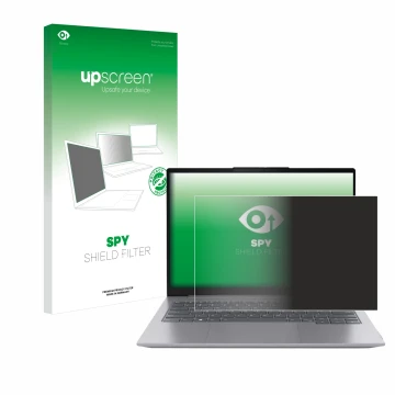 Parte frontal de un envase de producto con el logotipo de la marca upscreen. Al lado se muestra el dispositivo Lenovo ThinkBoo