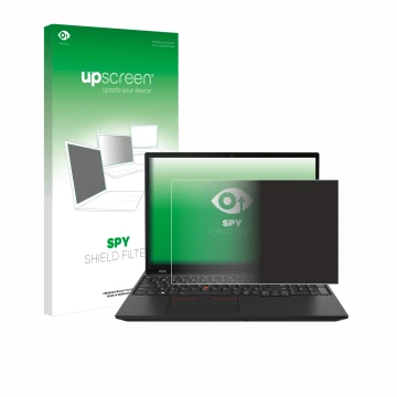 Parte frontal de un envase de producto con el logotipo de la marca upscreen. Al lado se muestra el dispositivo Lenovo ThinkPad