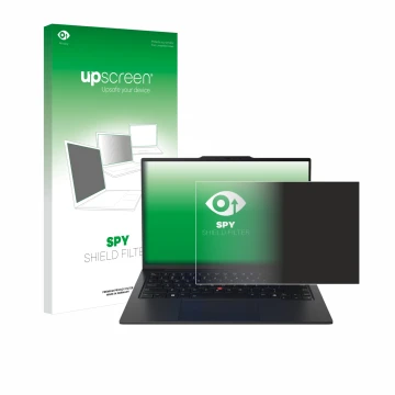 Parte frontal de un envase de producto con el logotipo de la marca upscreen. Al lado se muestra el dispositivo Lenovo ThinkPad