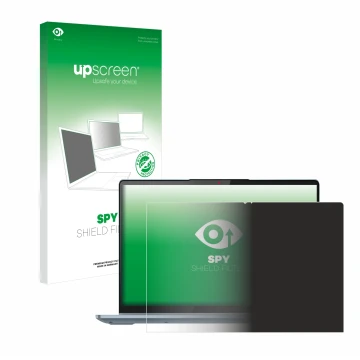 Parte frontal de un envase de producto con el logotipo de la marca upscreen. Al lado se muestra el dispositivo Lenovo IdeaPad 