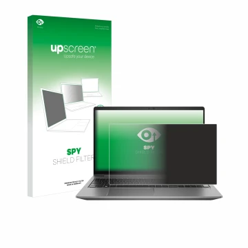 Parte frontal de un envase de producto con el logotipo de la marca upscreen. Al lado se muestra el dispositivo HP Zbook Power 