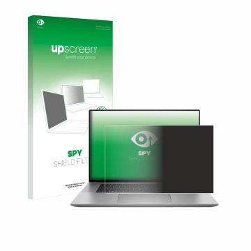 Parte frontal de un envase de producto con el logotipo de la marca upscreen. Al lado se muestra el dispositivo HP Zbook Studio