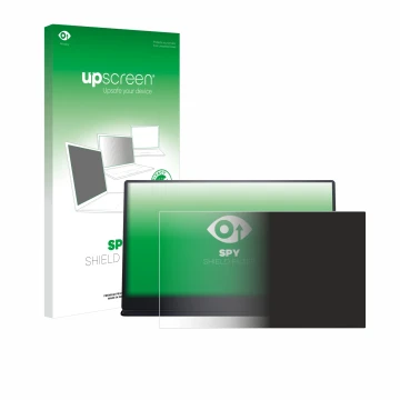 Parte frontal de un envase de producto con el logotipo de la marca upscreen. Al lado se muestra el dispositivo Dell P1424H con