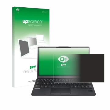 Parte frontal de un envase de producto con el logotipo de la marca upscreen. Al lado se muestra el dispositivo Fujitsu Lifeboo